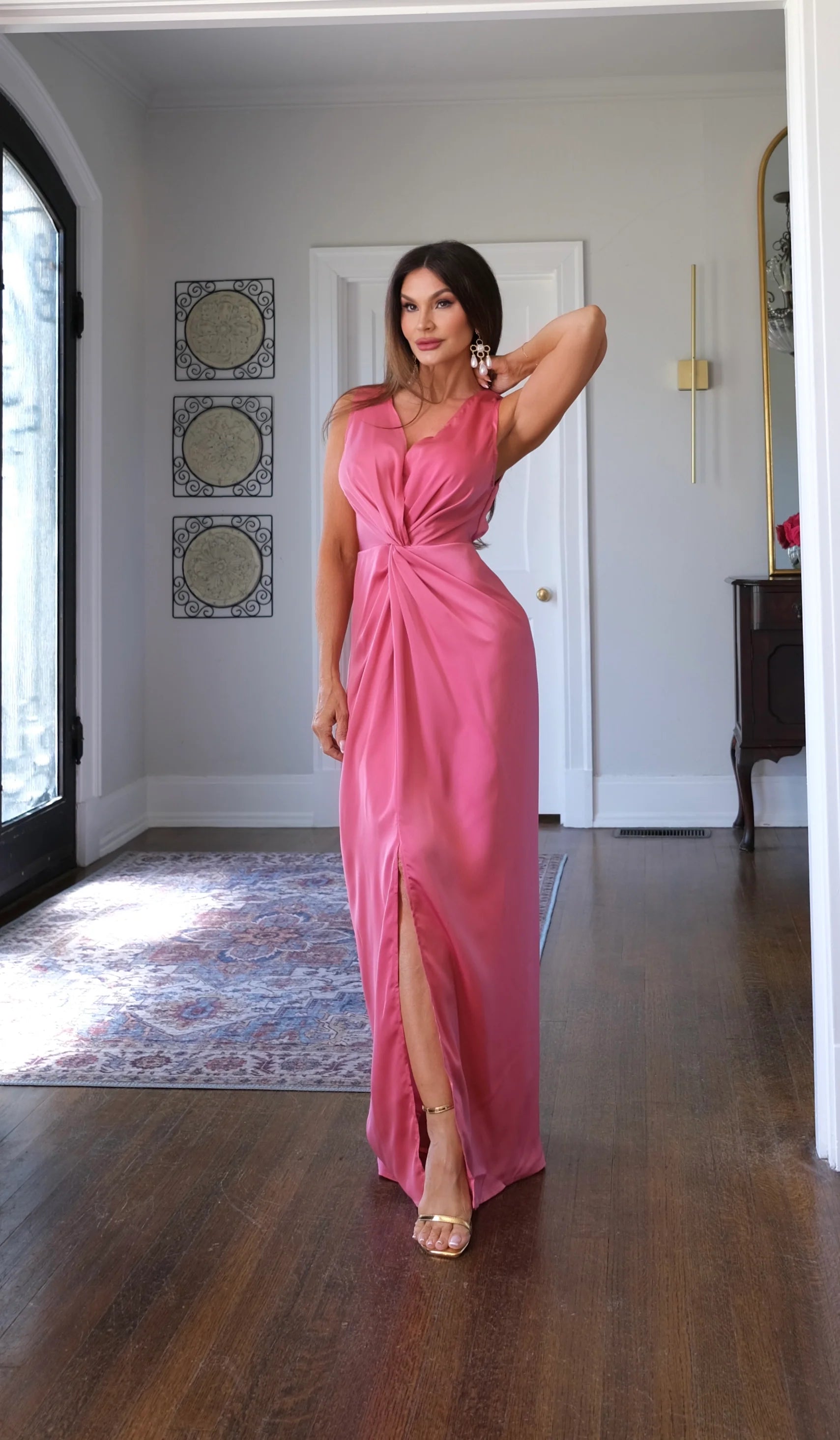 Rebel rose satin knotted v neck maxi dress