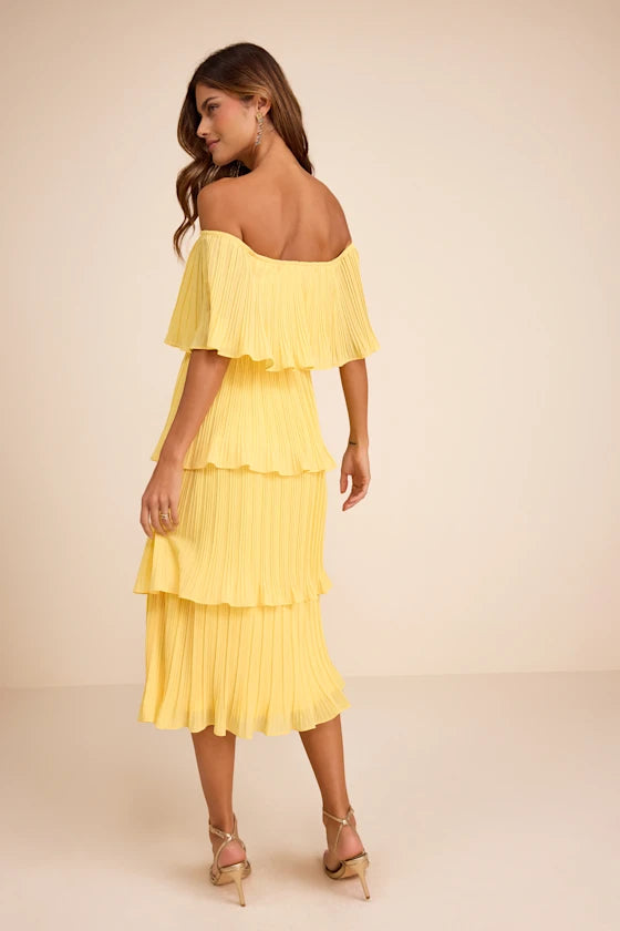 Gala Ready Yellow Off-the-Shoulder Ruffle Midi Dress