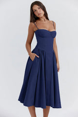 String Shoulder Solid Blue Women's Dress