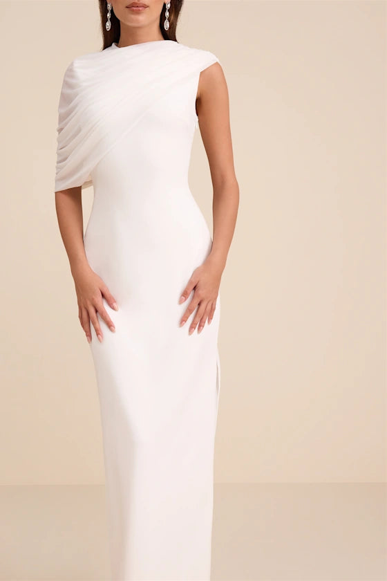Sutton White Asymmetrical Column Maxi Dress