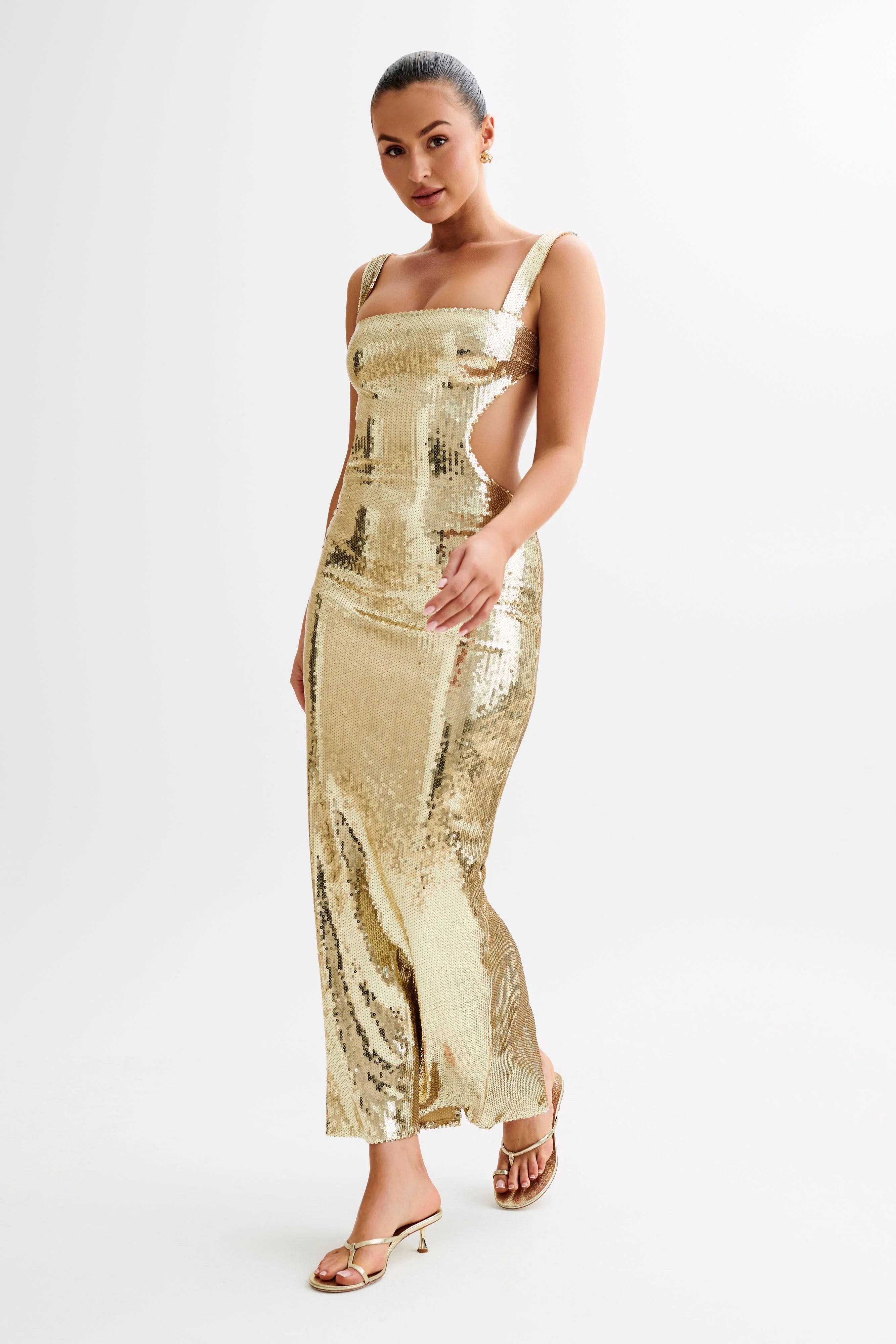 Adoria Sequin Cut Out Maxi Dress - Gold
