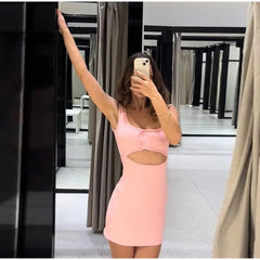 Pink Strap Cut Out Snap Button Bodycon Mini Dress