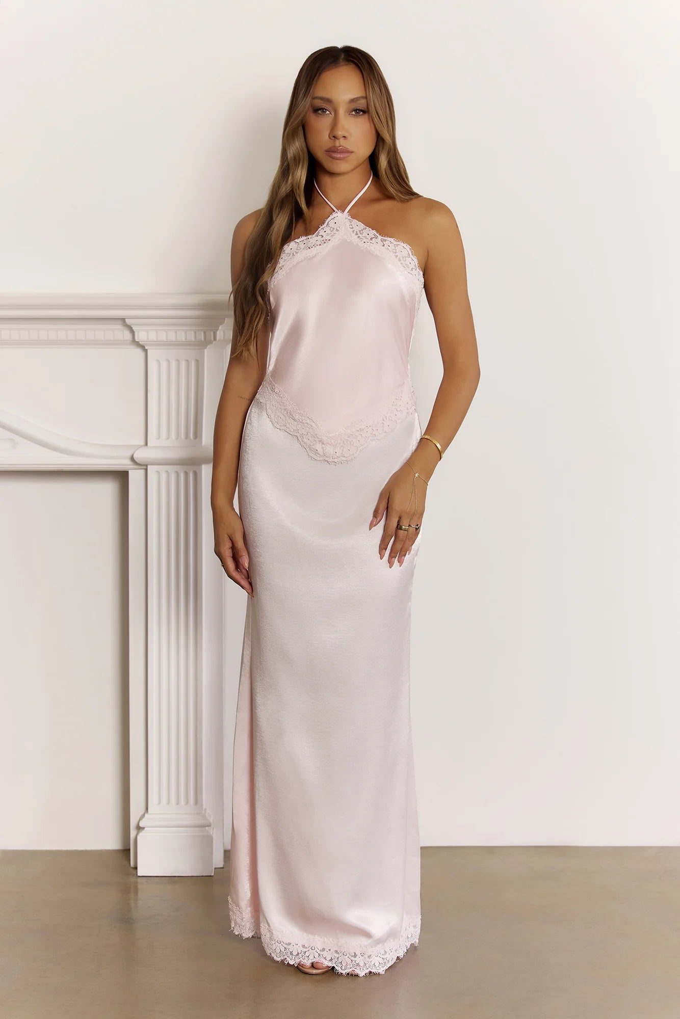Delicate Lace Detail Halter Maxi Dress Pink