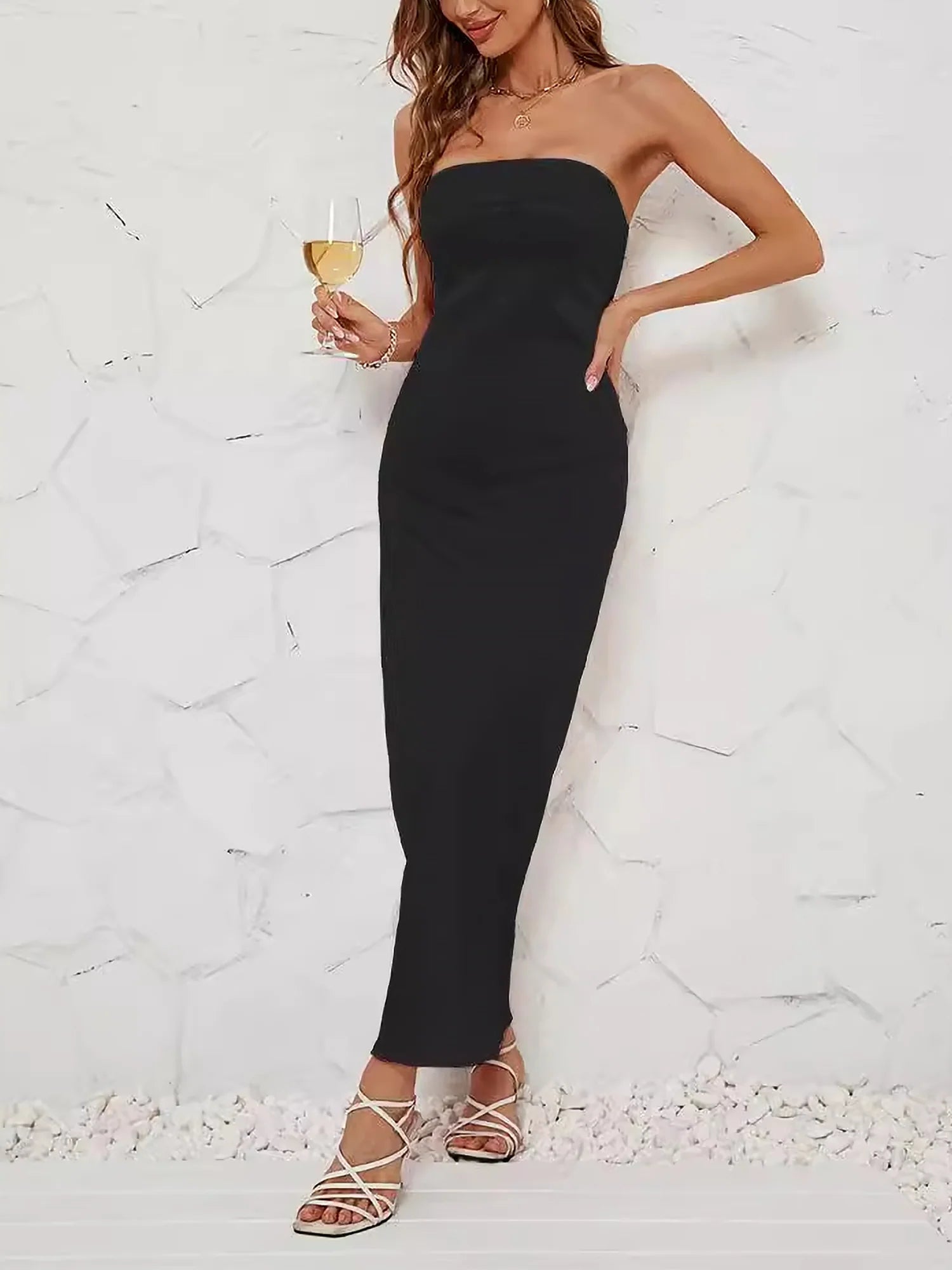 Strapless Backless Satin Bodycon Maxi Dress