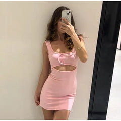 Pink Strap Cut Out Snap Button Bodycon Mini Dress