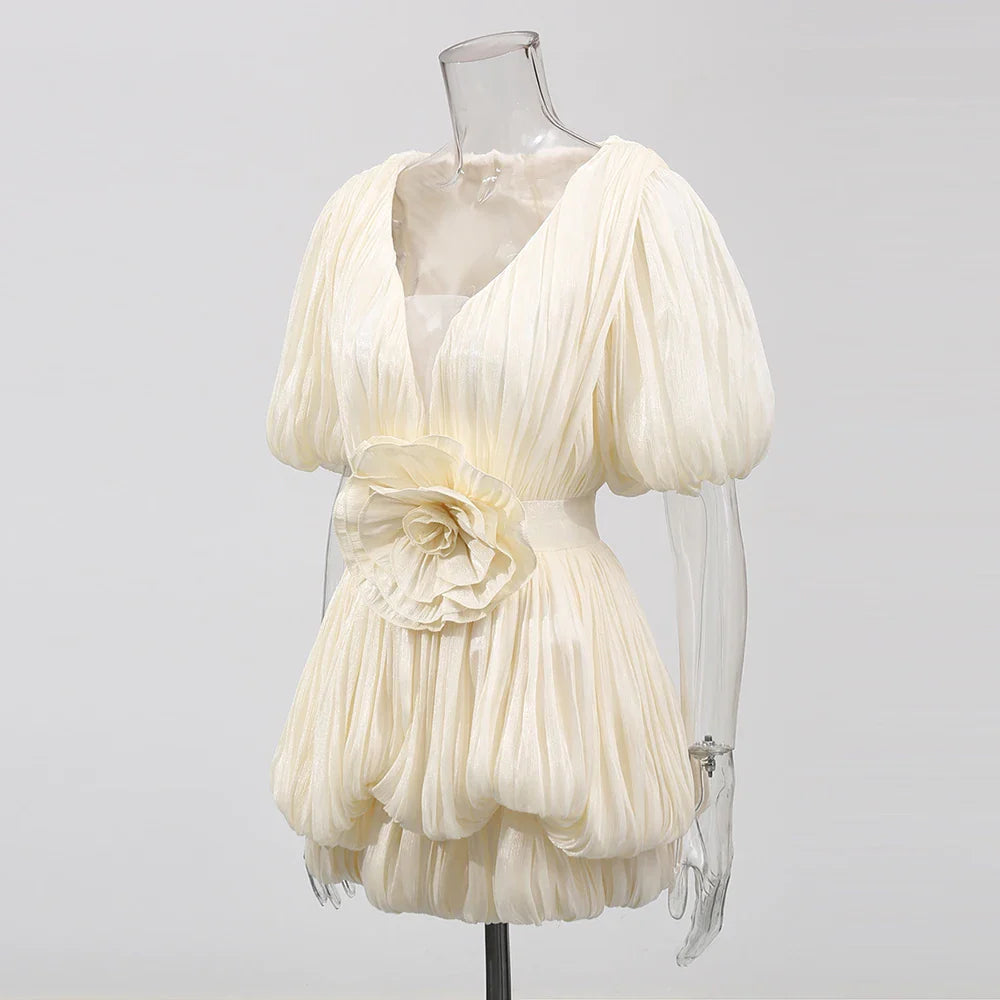 Ruched Deep V Neck Puff Sleeve 3D Flower Mini Dress