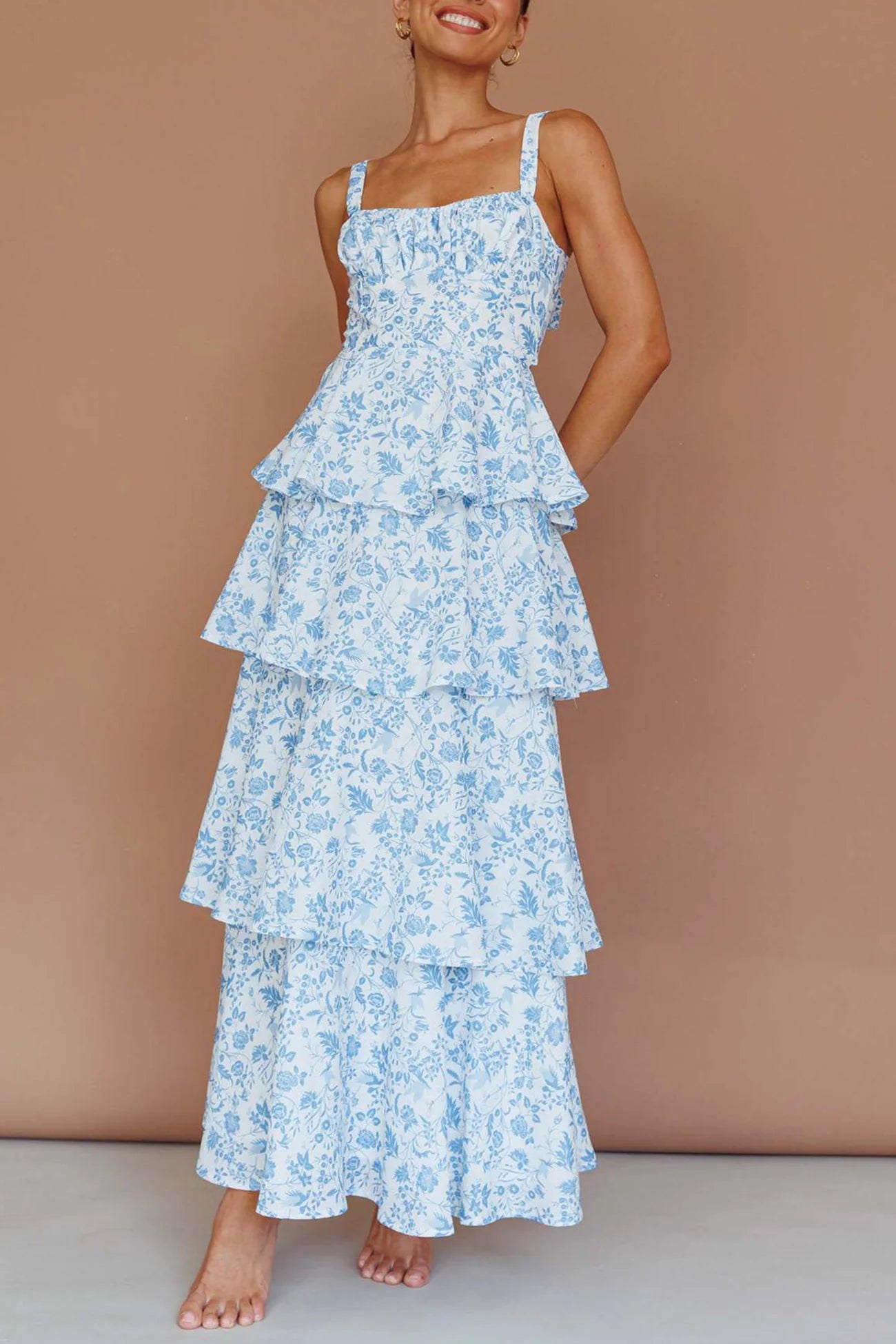 Floral Print Tie-up Tiered Midi Dress