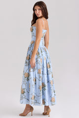 Ysabella-Blue Vintage Rose Print Cotton Midi Sundress