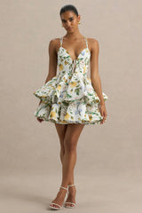 Flavia | Lemon Floral Print Plunge-Neck Ruffled Skater Micro-Mini Dress