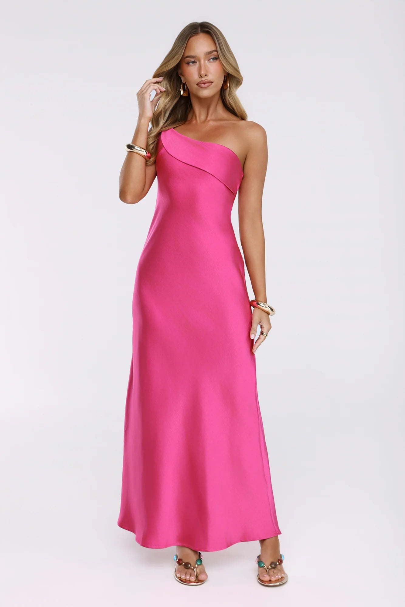 Romantic Tales Satin One Shoulder Maxi Dress Hot Pink