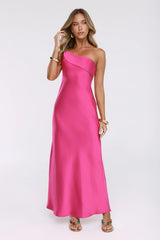 Romantic Tales Satin One Shoulder Maxi Dress Hot Pink