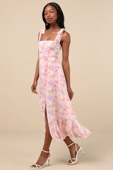 Summer Invite Pink Multi Floral Tie-Strap Tiered Midi Dress