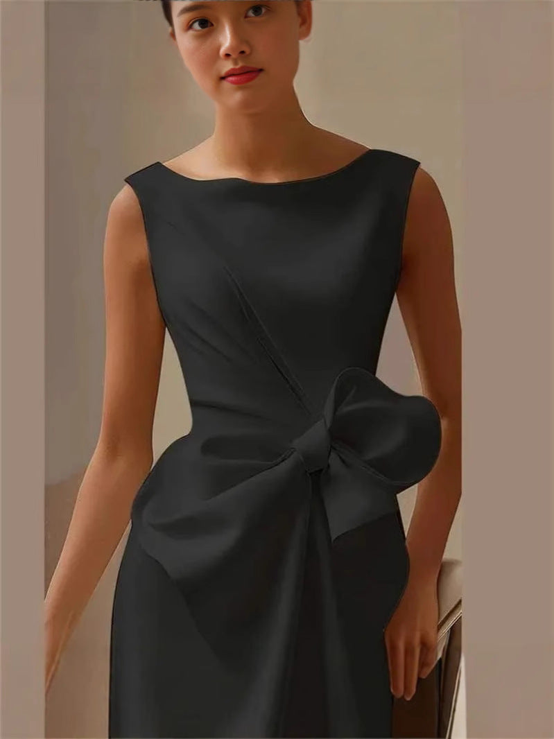 Solid Color Bow Decoration Round Neck Sleeveless Knee-Length Mini Dress