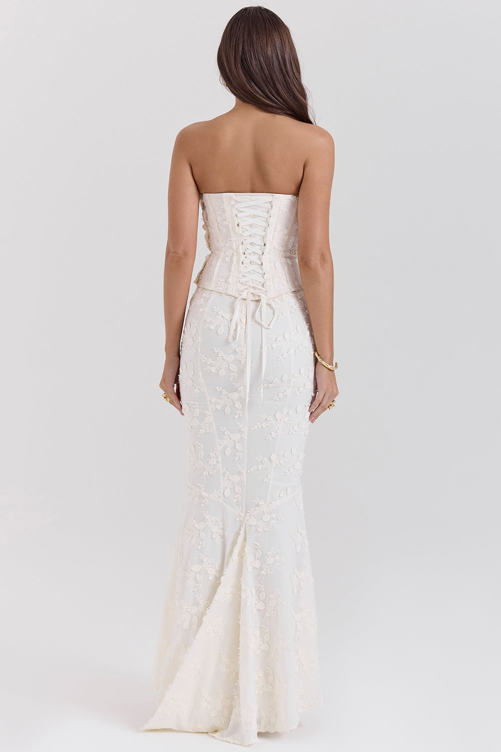 Veronica-Vintage Ivory Embroidered Godet Maxi Skirt