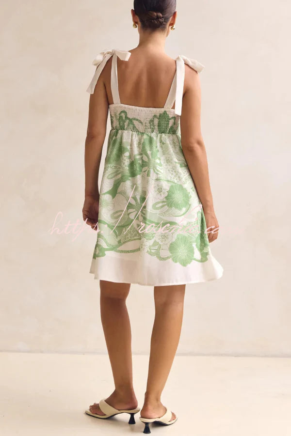 Unique Print Square Neck Spaghetti Strap Tie Full Hem Mini Dress