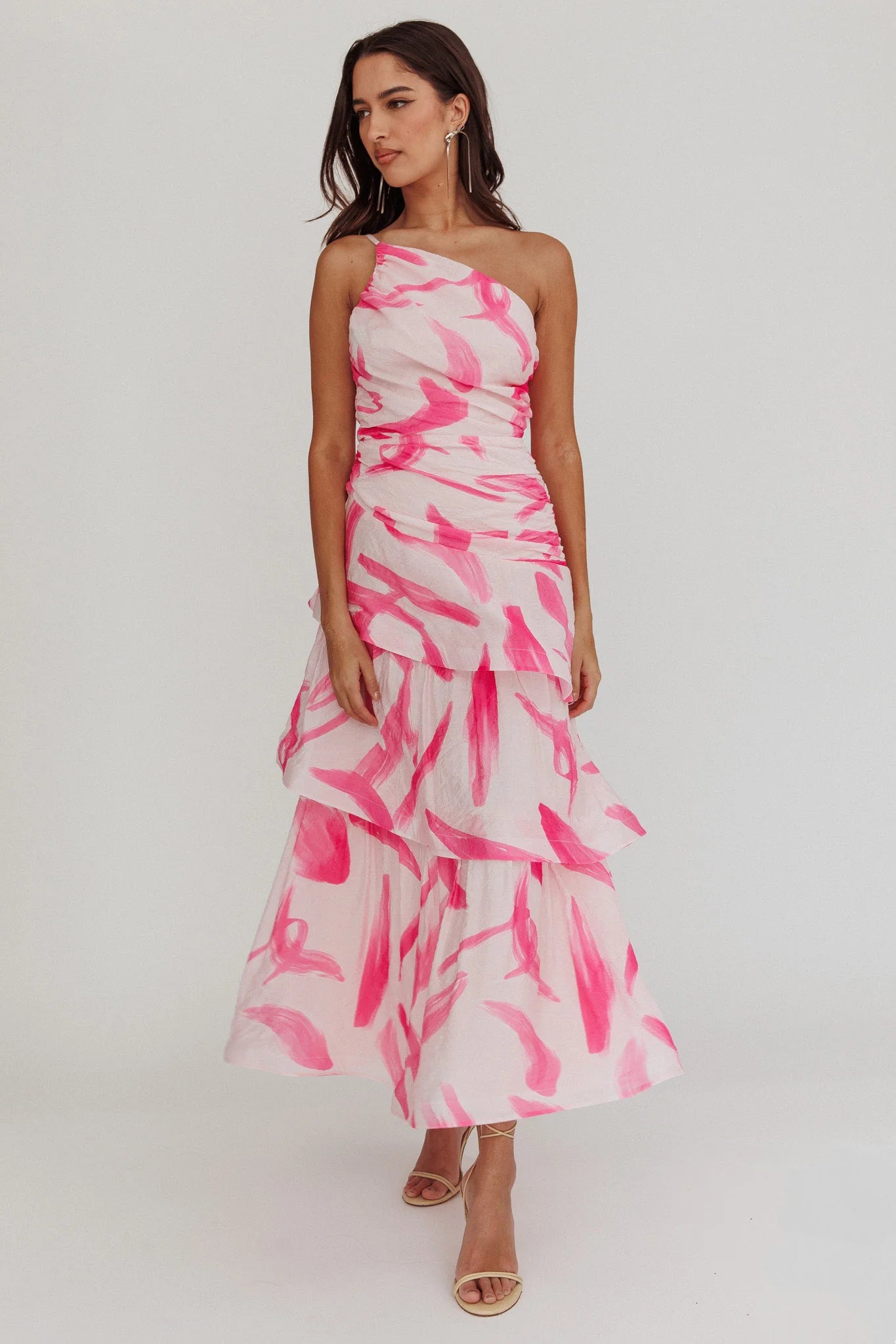 Kenny One Shoulder Tiered Maxi Dress Print Pink