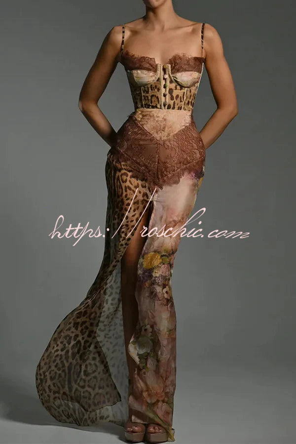 Chiffon Leopard Print Sexy Lace Splicing High Slit Slim Maxi Dress