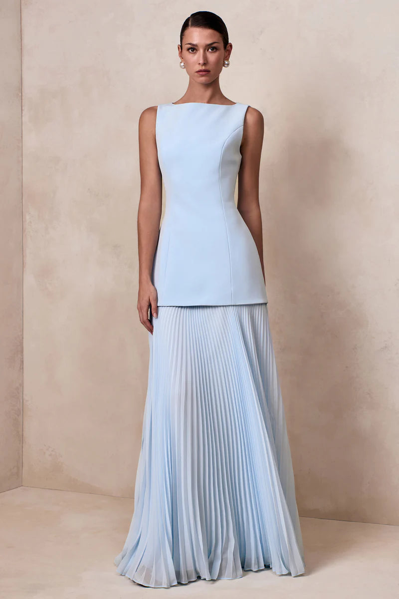 Powder Blue Boat-Neck Maxi Dress With Drop-Waist