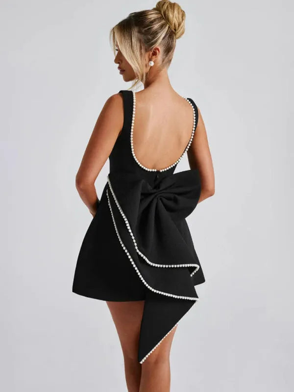 Pearl Bow Slim Backless A-Line Short Dress