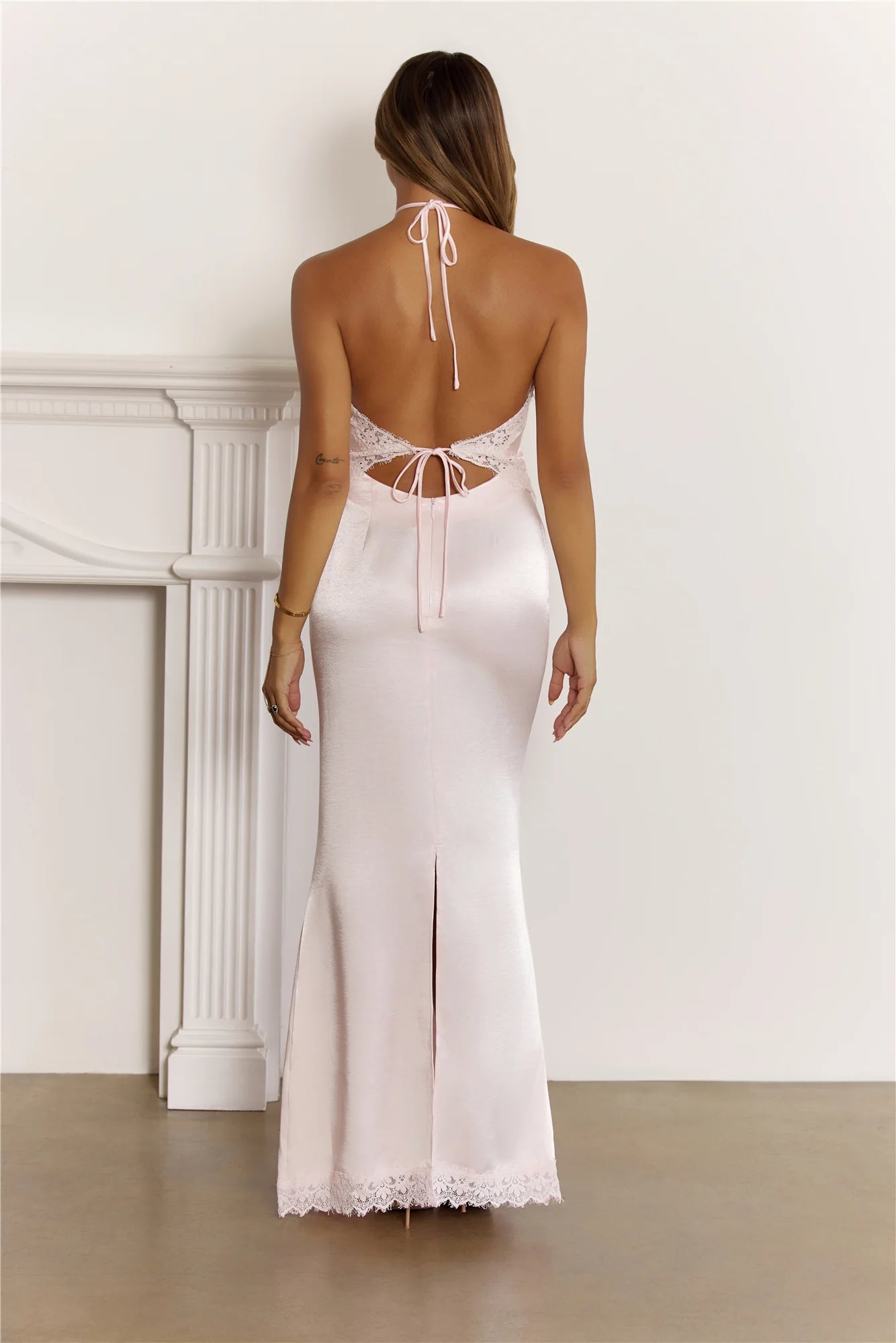 Delicate Lace Detail Halter Maxi Dress Pink