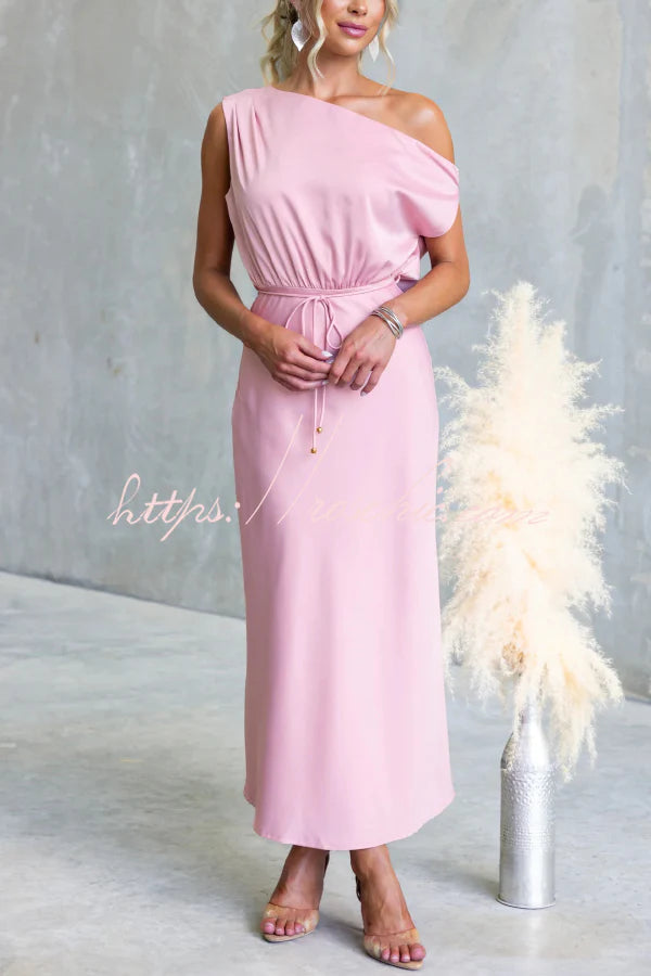 Solid Color One-shoulder Sleeveless Belted Casual Maxi Dress