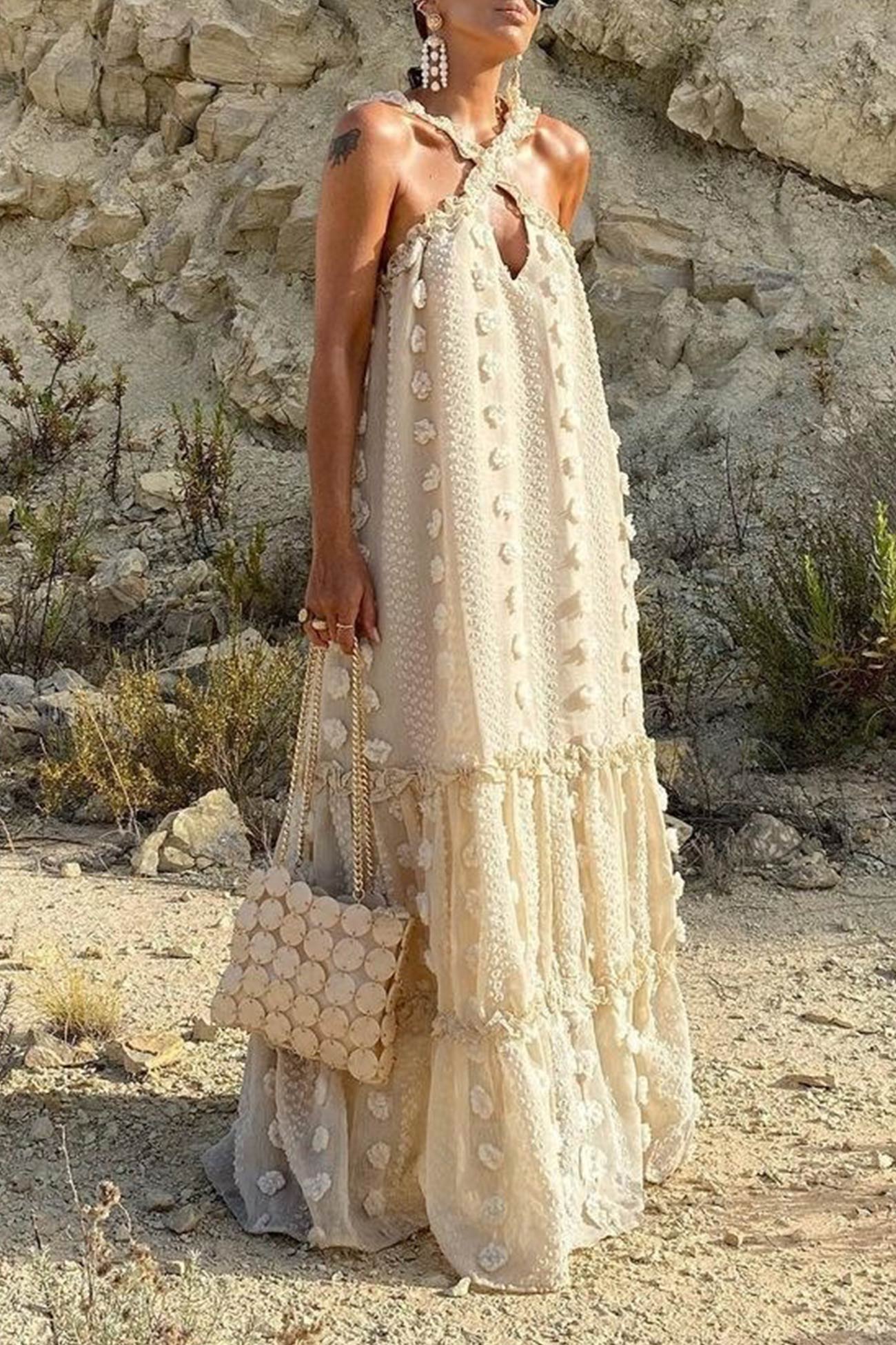 3D Floral Criss-cross Halterneck Maxi Dress