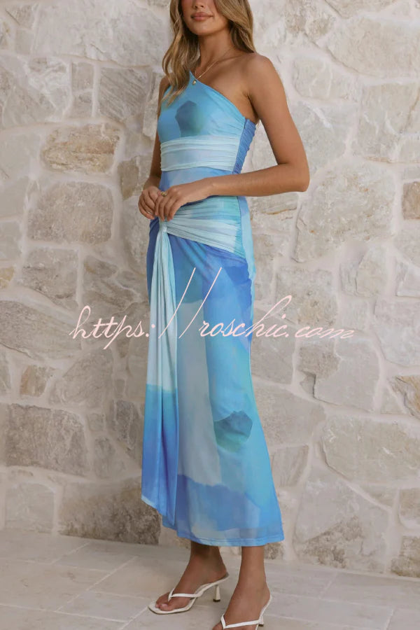 Unique Printed One-Shoulder Cutout Fitted Lace-Up Maxi Dress