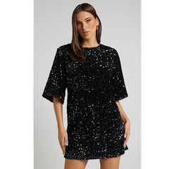 Velvet Sequin Elegant V neck Backless Short Sleeve Dress