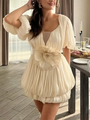 Ruched Deep V Neck Puff Sleeve 3D Flower Mini Dress