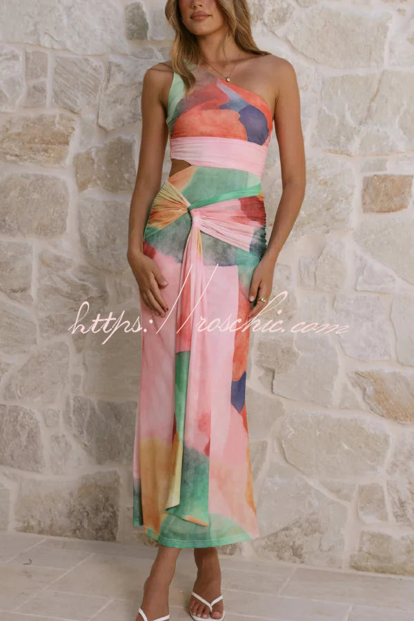 Unique Printed One-Shoulder Cutout Fitted Lace-Up Maxi Dress