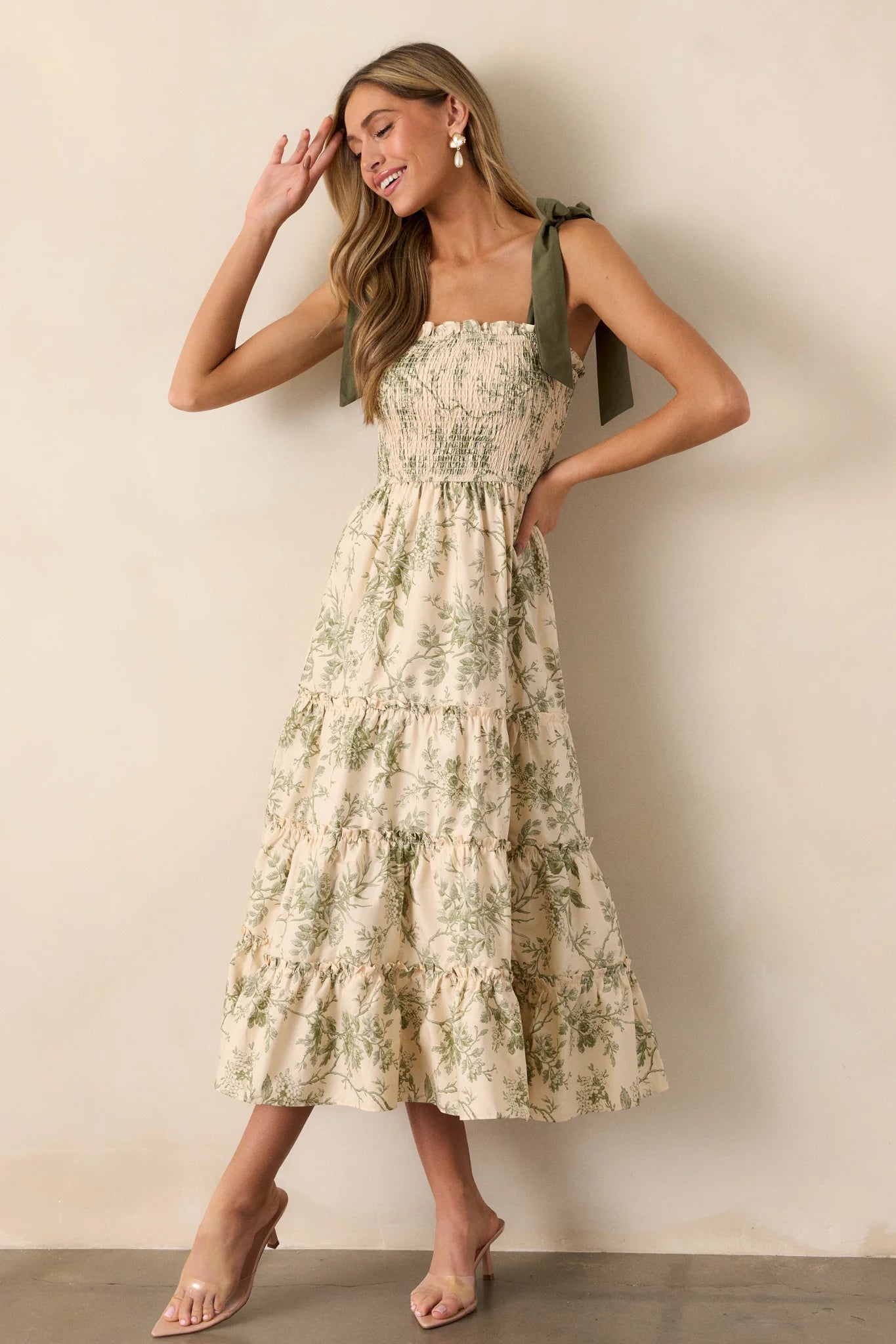 Wildflower Whisper 100% Cotton Ivory Green Floral Midi Dress