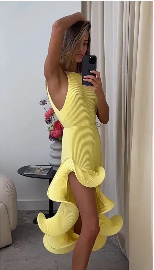 Sculpted Ruffle Asymmetric Hem Halter Midi Dress