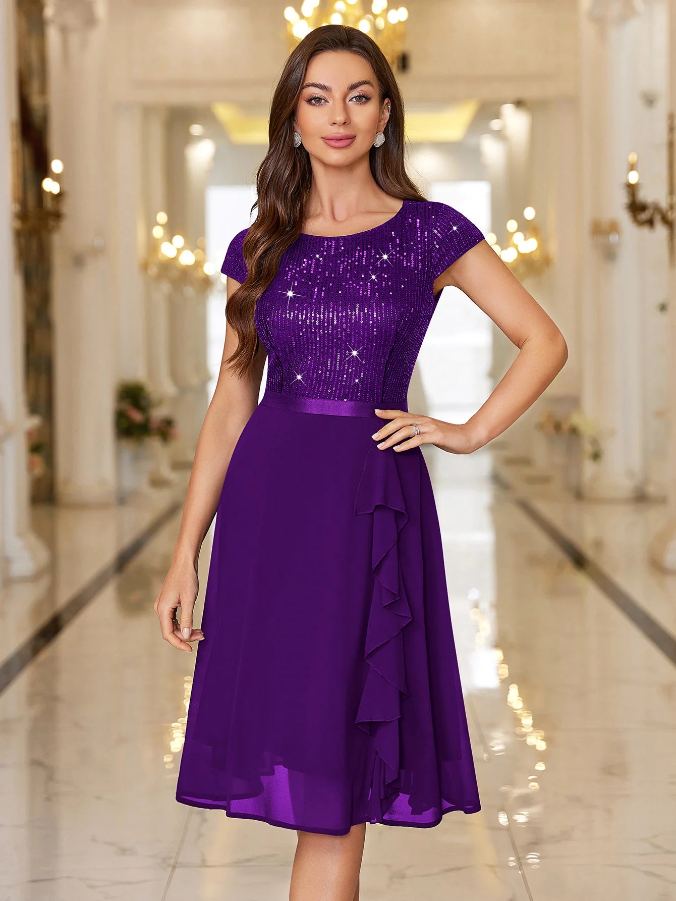 Sequin Lace Ruffle Trim Chiffon Cocktail Party Swing Dress for Weddings, Proms & Formal Events