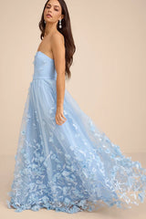 Lynly Light Blue 3D Floral Applique Tulle Maxi Dress