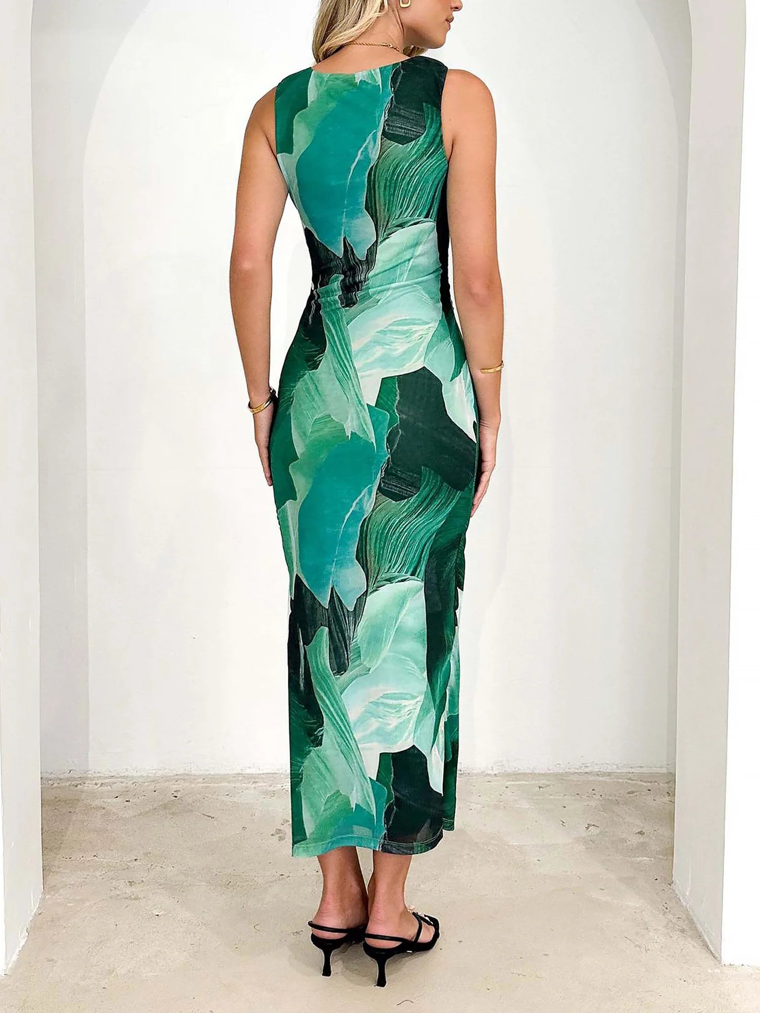 Lightweight Summer Floral Printed Mesh Sleeveless Slit Bodycon Maxi Dress for Beach Parties
