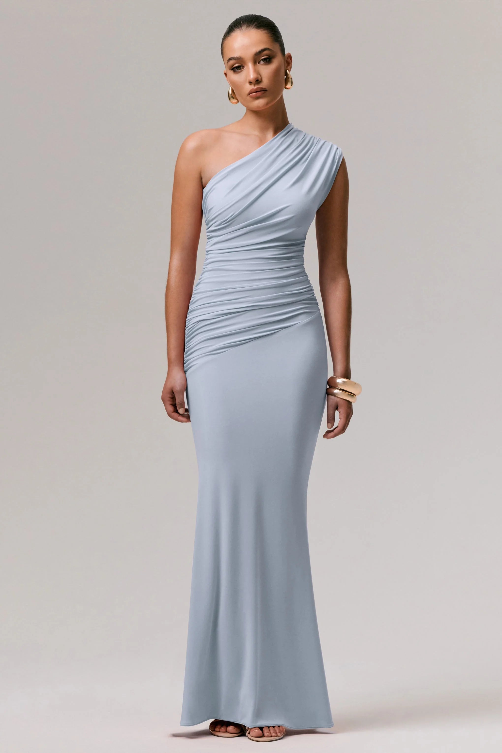 Mardi | Powder Blue Asymmetric Maxi Dress With Ruching