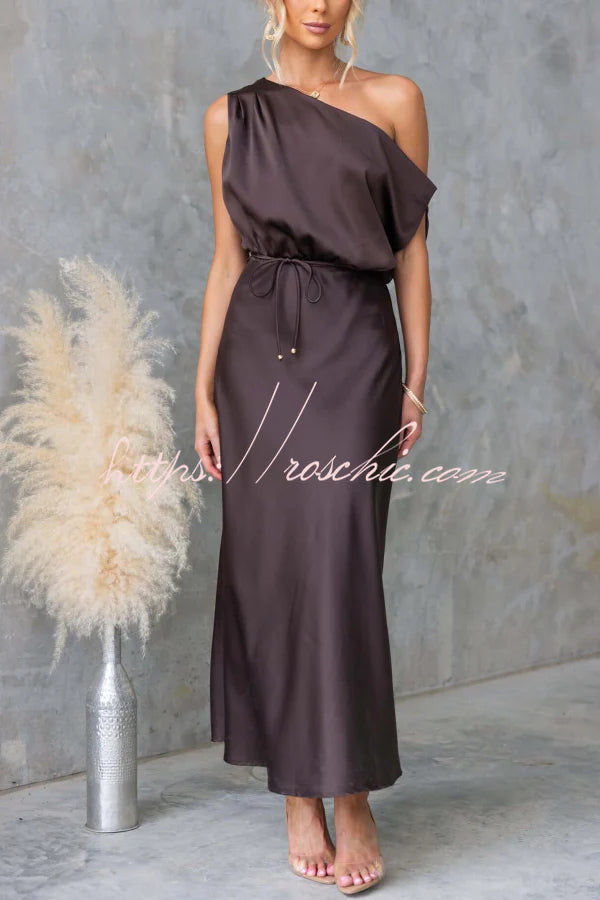 Solid Color One-shoulder Sleeveless Belted Casual Maxi Dress