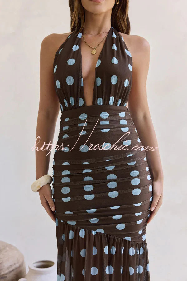 Polka Dot Print Halter Neck Tie Pleated Slim-fit Maxi Dress