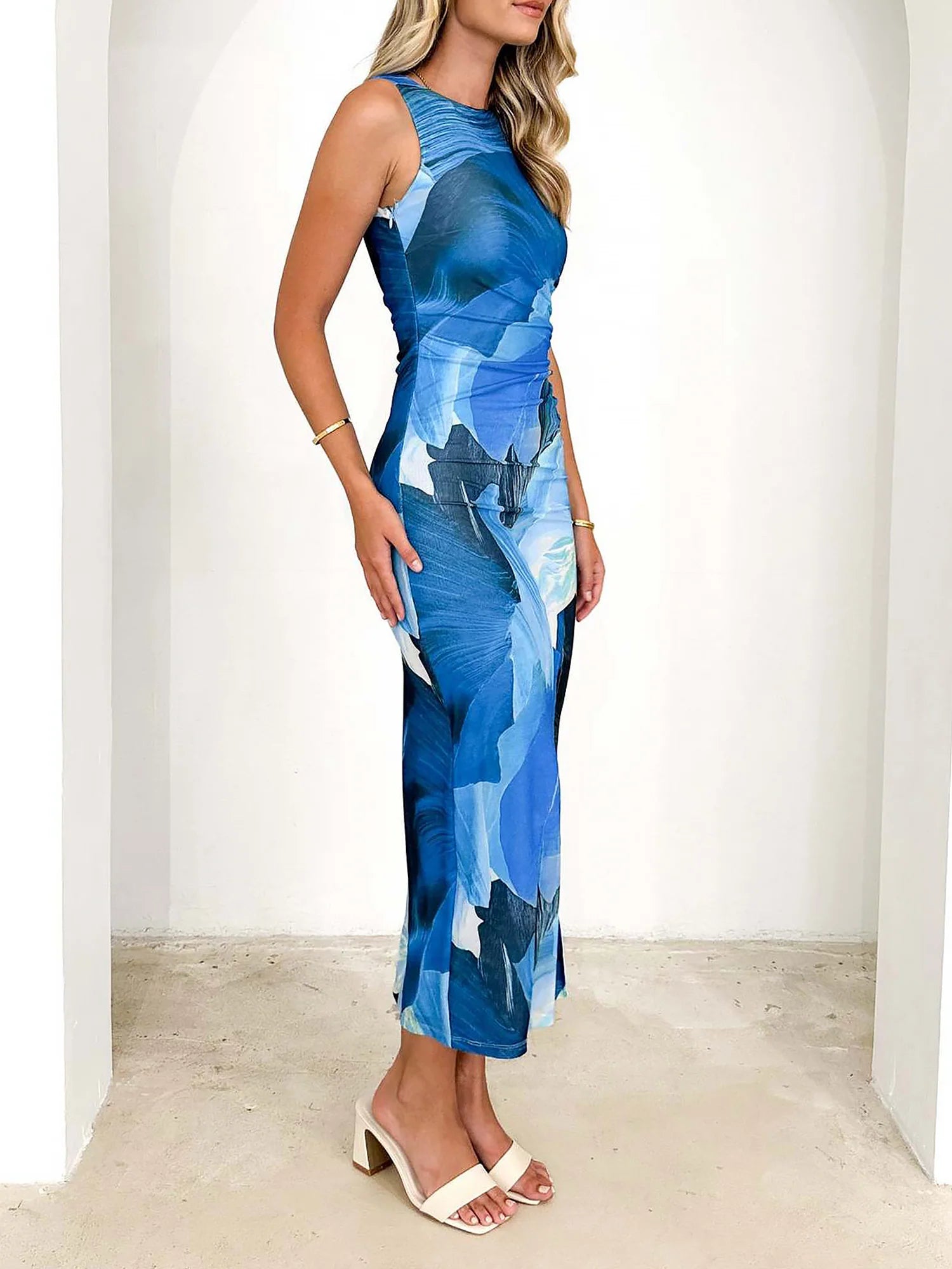 Lightweight Summer Floral Printed Mesh Sleeveless Slit Bodycon Maxi Dress for Beach Parties