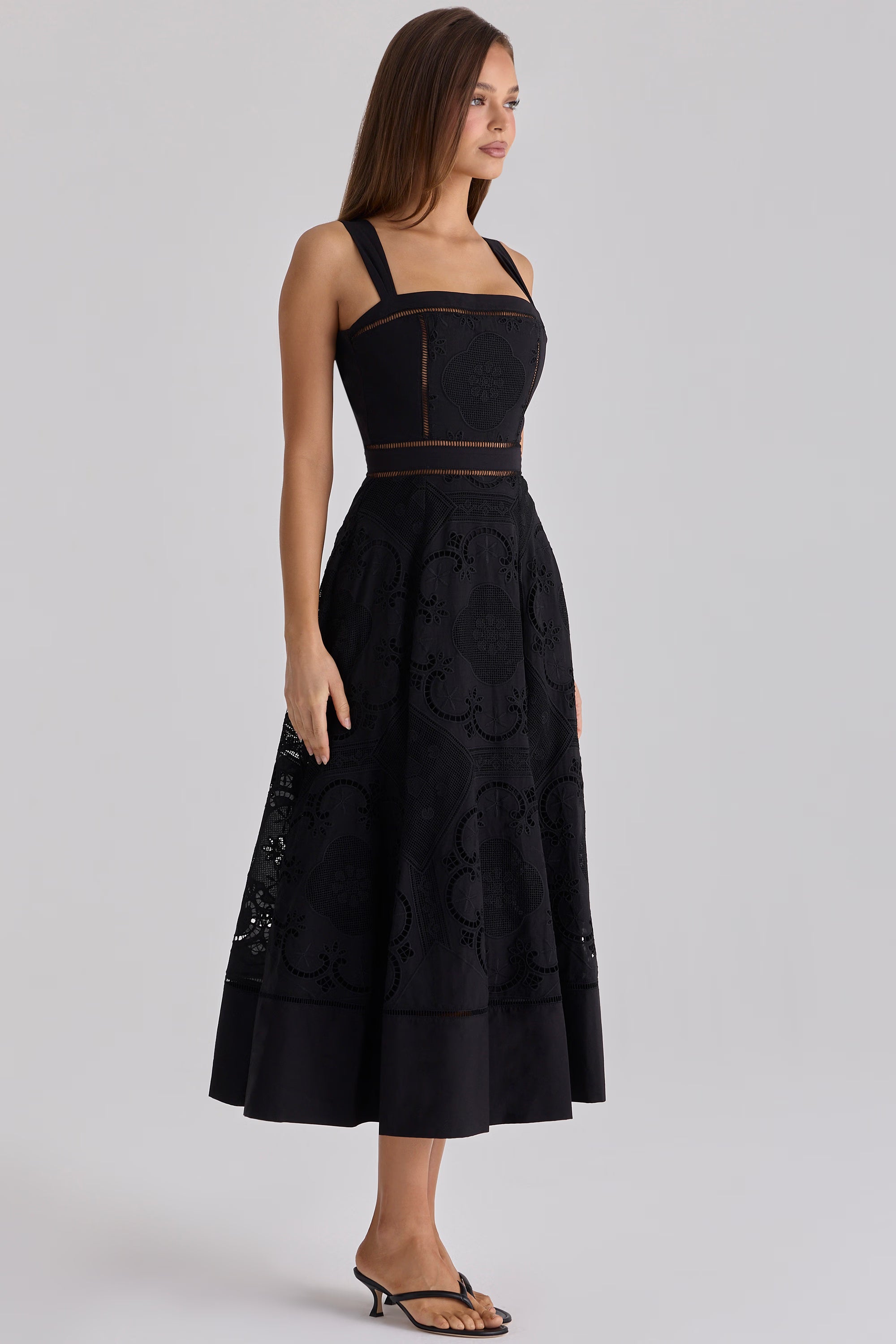 black cotton placement broderie anglaise midi dress