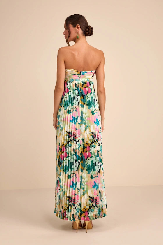 Whimsical Beauty Multi Floral Satin Plisse Strapless Maxi Dress