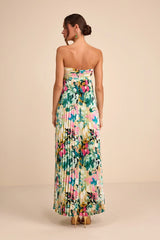 Whimsical Beauty Multi Floral Satin Plisse Strapless Maxi Dress