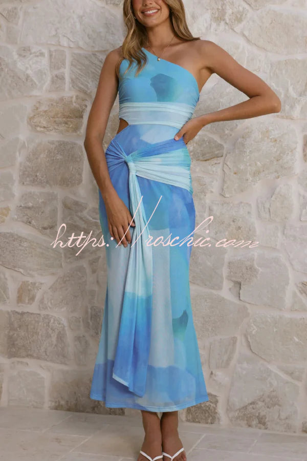 Unique Printed One-Shoulder Cutout Fitted Lace-Up Maxi Dress
