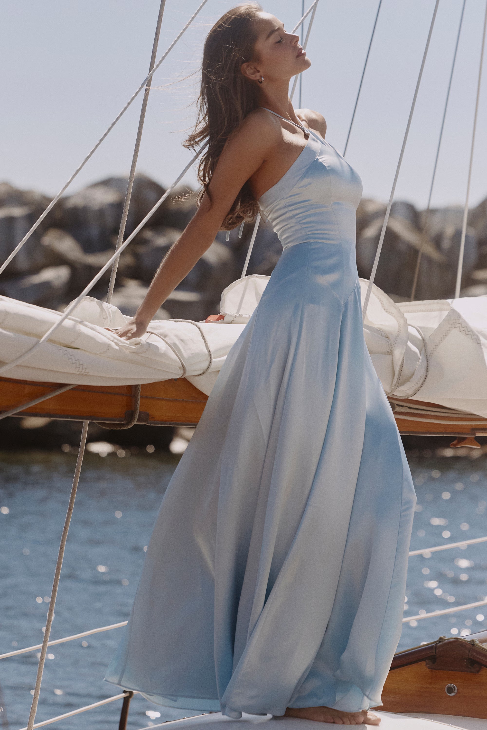 Avelina blue satin halter neck godet maxi dress