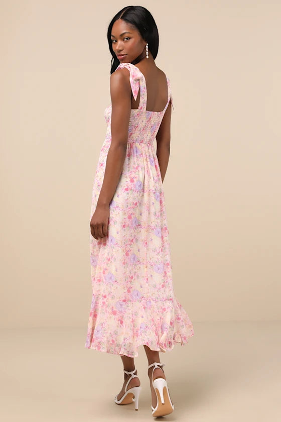 Summer Invite Pink Multi Floral Tie-Strap Tiered Midi Dress
