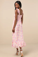 Summer Invite Pink Multi Floral Tie-Strap Tiered Midi Dress
