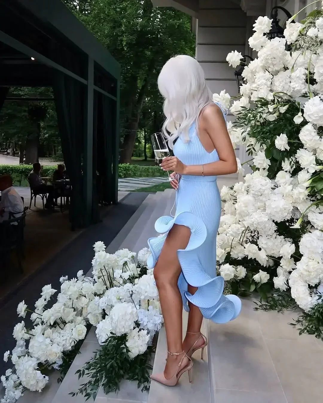 Sculpted Ruffle Asymmetric Hem Halter Midi Dress