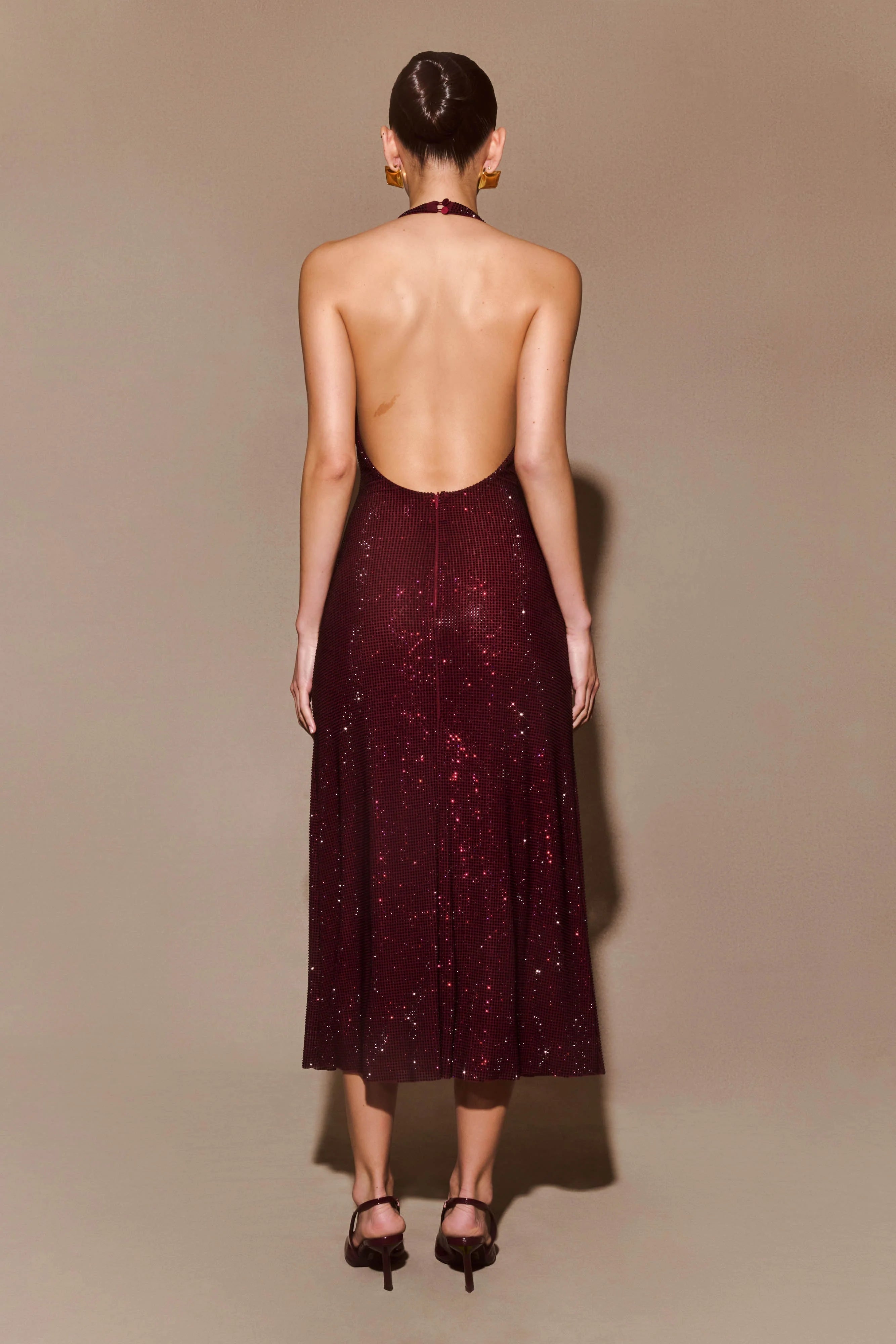 Genie Diamante Halter Midi Dress - Mahogany