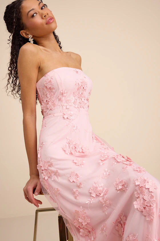 Rare Presence Blush 3D Floral Embroidered Maxi Dress