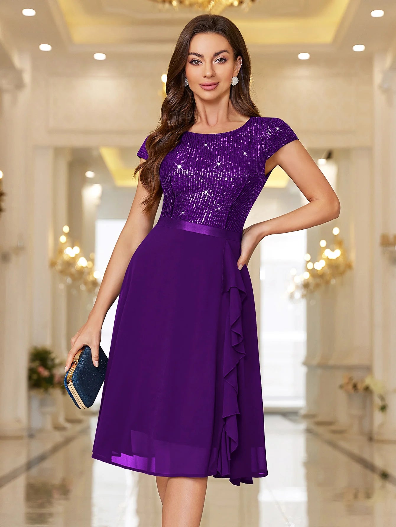 Sequin Lace Ruffle Trim Chiffon Cocktail Party Swing Dress for Weddings, Proms & Formal Events